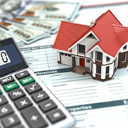 Mortgage calculator. House, noney and document.